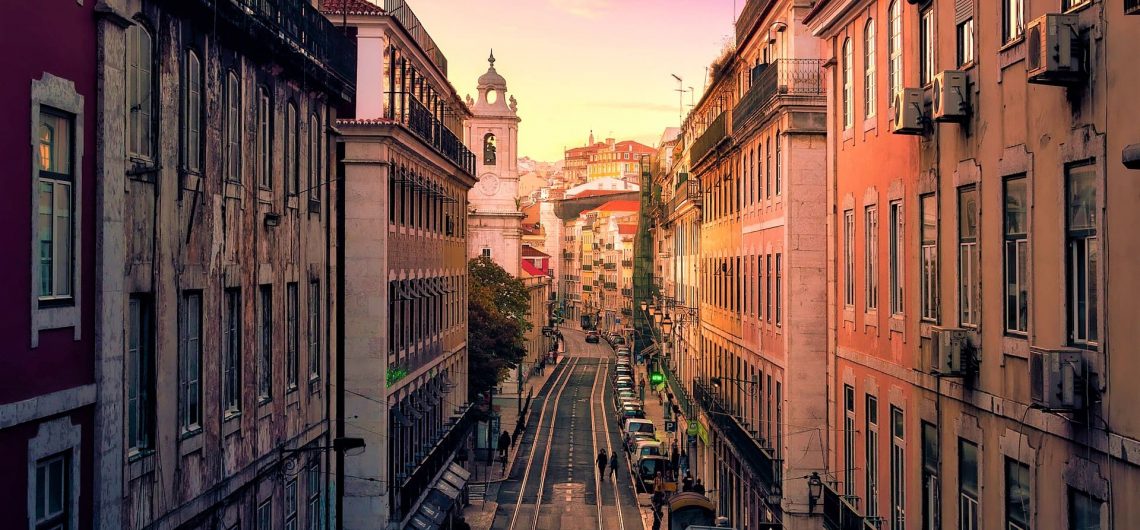 birdseye view of narrow street in lisbon